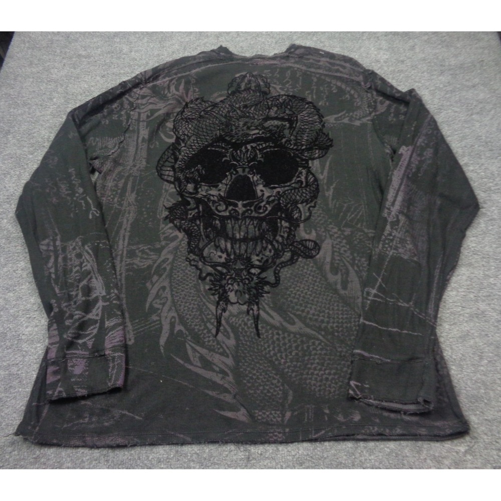 Affliction Thermal Shirt Men XL Gray  Long Sleeve Skull Snake‎ Distressed